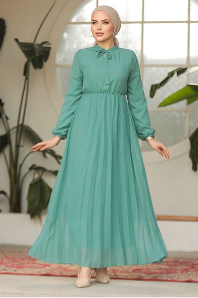 Neva Style Rochie islamică verde cu guler legat 50351CY
