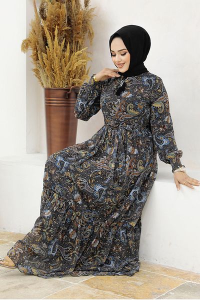 Neva Style Patterned Blue Hijab Dress 3356m