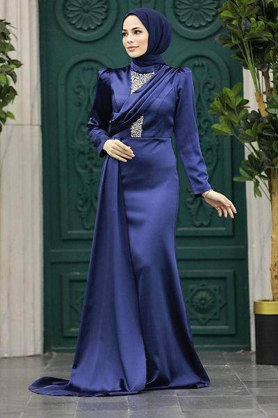 Neva Style Rochie de seară hijab din satin bleumarin cu trenă 22891l