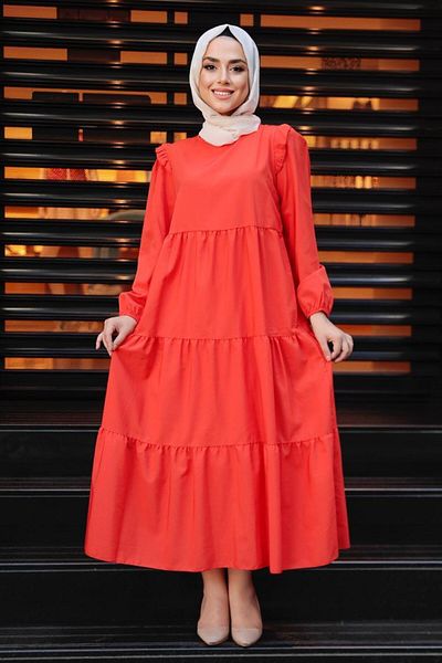 Neva Style Rochie Hijab portocalie cu pliuri 7688t