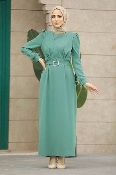Neva Style Φόρεμα Hijab με λεπτομέρεια με πούπουλα 8791mint