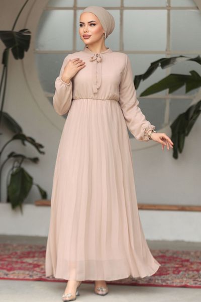 Neva Style Rochie Hijab Bej cu Guler Legat 50351BEJ