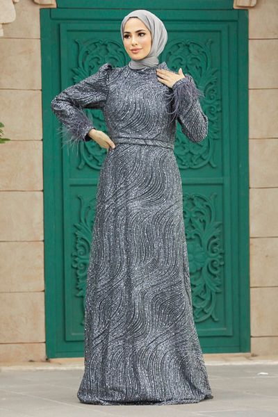 Neva Style Rochie de seară hijab antracit argintiu 2323ant