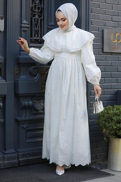 Neva Style Rochie albă Hijab cu dantelă - 14212B