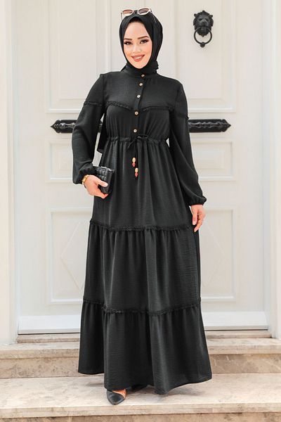 Neva Style - Rochie Hijab neagră cu nasturi 63250s