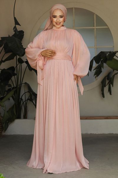 Neva Style Pleated Powder Hijab Evening Dress 25890Pd