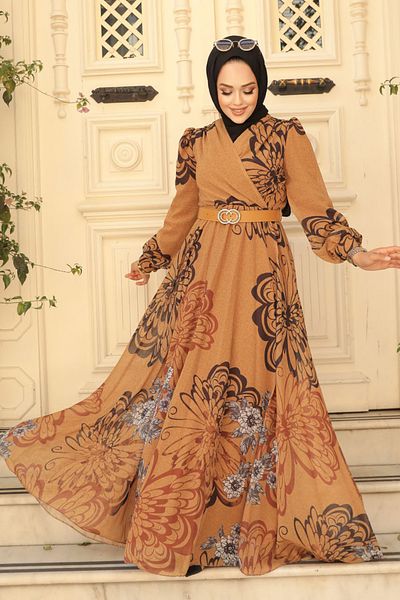 Neva Style - Butterfly Patterned Mustard Hijab Dress 3463Hr