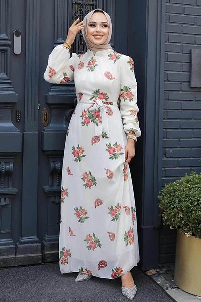 Neva Style Rochie Hijab Ecru cu Motiv Floral 27943e