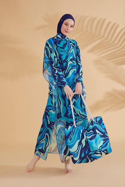 Neva Style Costum de baie hijab complet acoperit albastru bleumarin cu model M2334L