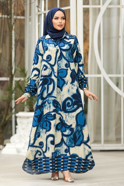 Neva Style Φόρεμα Hijab με μοτίβο λουλουδιών Indigo Blue 23171IM