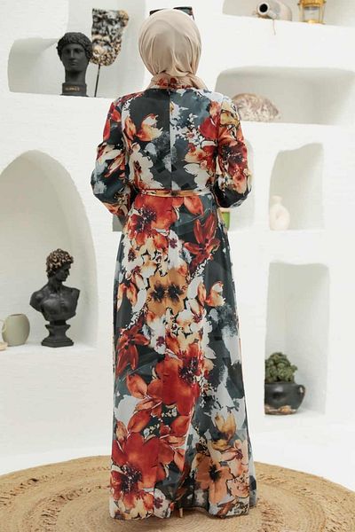 Neva Style - Floral Patterned Mustard Hijab Dress 27925hr