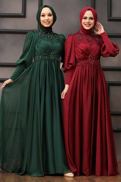 Neva Style Rochie de seara cu hijab - Rochie de seara hijab burgundy brodata cu margele 22101br