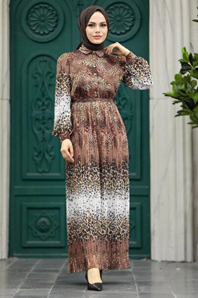 Neva Style Leopar Desenli Çikolata Tesettür Elbise 3878ck