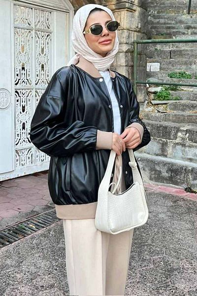 Neva Style - Jachetă din piele neagră Hijab cu nasturi 9264s