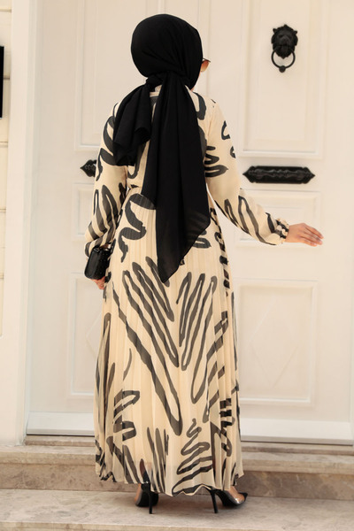 Neva Style Patterned Beige Hijab Dress503502BEIGE