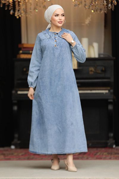 Neva Style Rochie Hijab Albastră cu Detaliu Buzunar 19101m