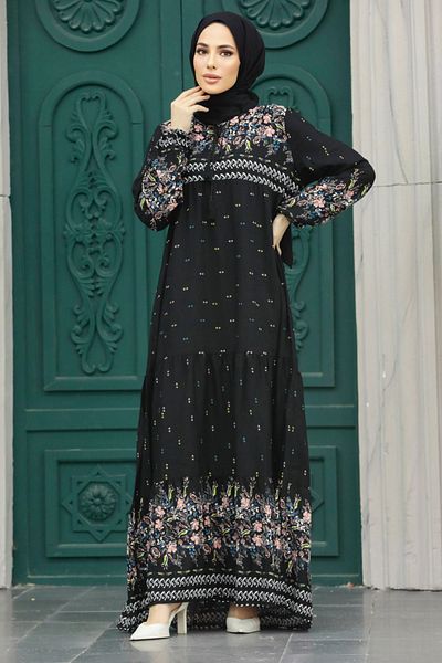 Neva Style - فستان حجاب أسود منقوش 50095s