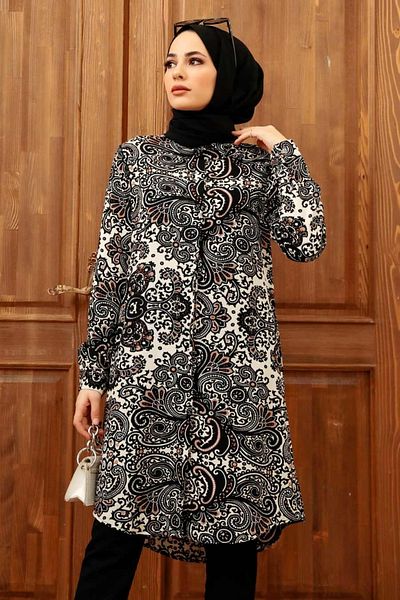Neva Style - Tunica din viscoza Hijab neagra cu model 11524s