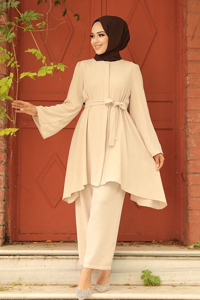 Neva Style طقم حجاب مزدوج غير متماثل باللون البيج - 65875BEIGE