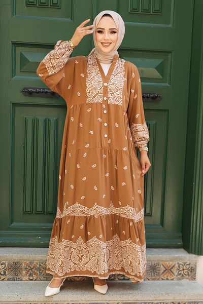 Neva Style فستان حجاب منقوش باللون البني - 51751 تيرابايت
