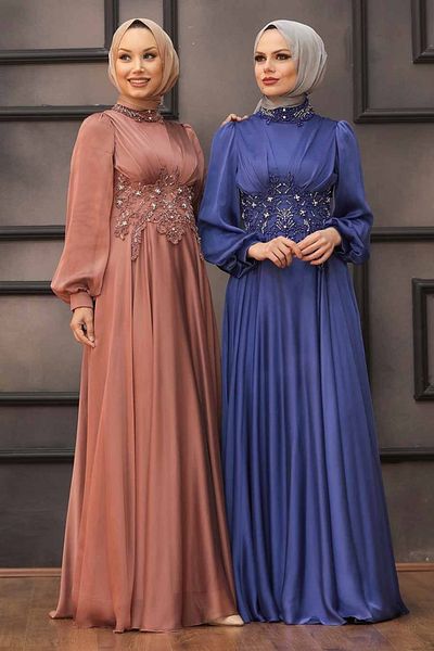 Neva Style Lacy Indigo Blue Hijab Evening Dress 22150ım