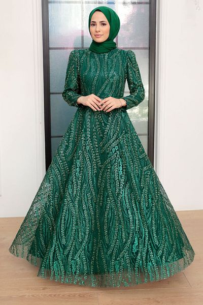 Neva Style Beaded Green Hijab Evening Dress 22661Y