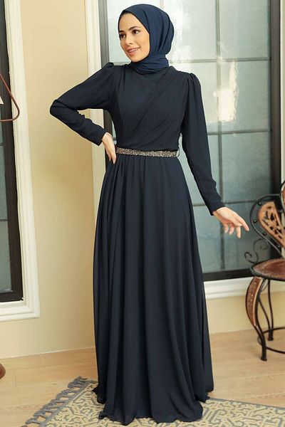 Neva Style Drape Detailed Navy Blue Hijab Evening Dress 5737L