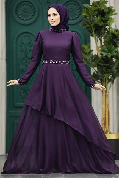 Neva Style Rochie de seara cu hijab - Rochie de seara musulmana cu detaliu perlat 22223mu
