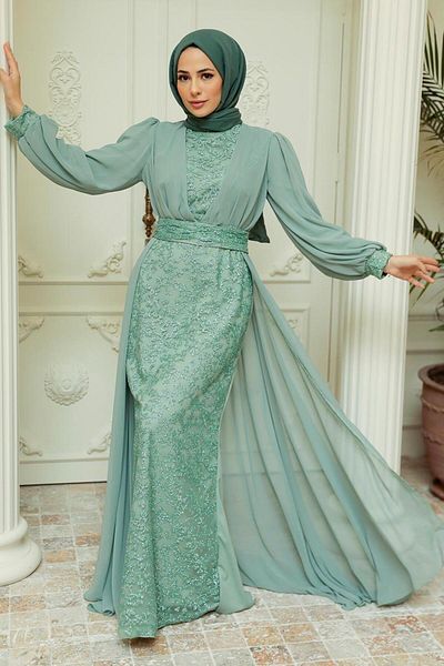 Neva Style Βραδινό φόρεμα Hijab με χάντρες μέντα 22071mint