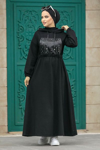 Neva Style - Rochie neagră Hijab cu detaliu din piele 13561s