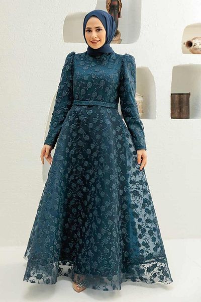 Neva Style Lacy Navy Blue Hijab Evening Dress 2238L