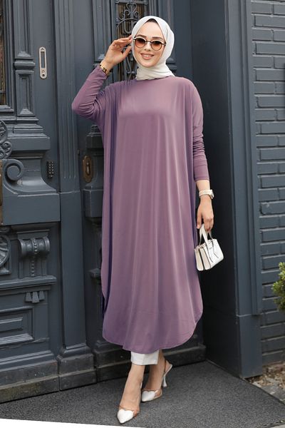 Neva Style تونيك حجاب وردي مغبر بتفاصيل فتحة 17350gk