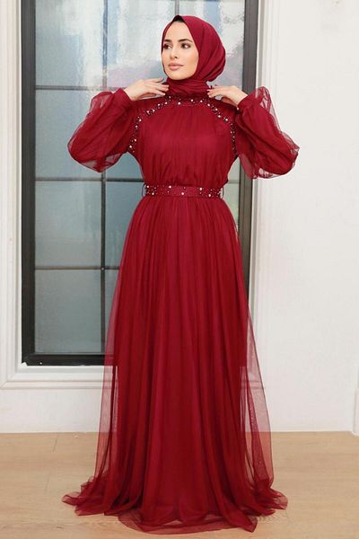 Neva Style Rochie de seara musulmana burgundy cu perle 22041br