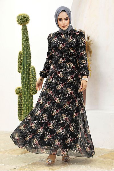 Neva Style - Rochie Hijab Neagră cu Motiv Floral 27947s