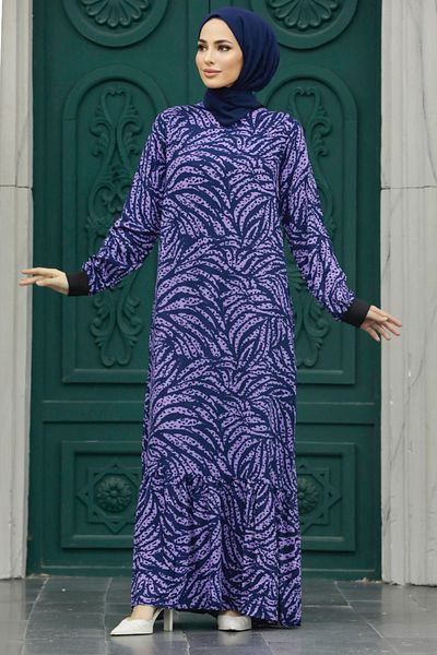 Neva Style - Rochie Hijab Lavandă cu Motiv Frunze 22970lv