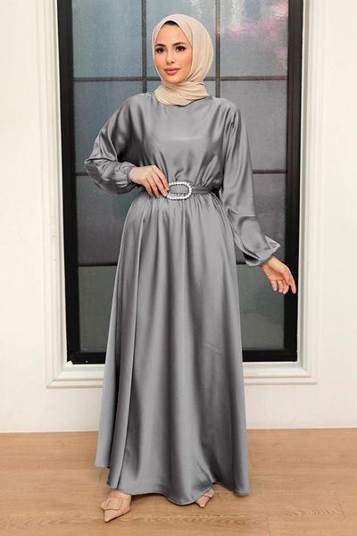 Neva Style - Rochie Hijab din Satin Gri 5727gr