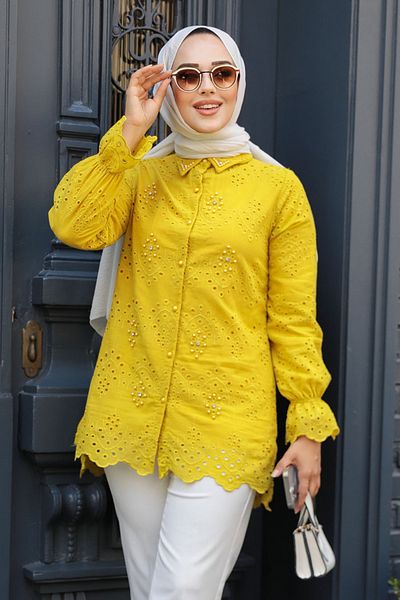 Neva Style تونيك حجاب الخردل - تفاصيل جبر، موديل 13991HR