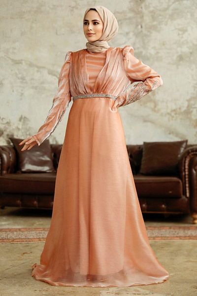 Neva Style Beaded Salmon Hijab Evening Dress 25854Smn