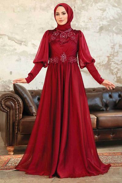 Neva Style Rochie de seara Hijab - Rochie de seara Hijab din satin burgundy cu margele 25822br
