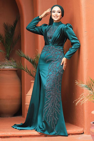 Neva Style Beaded Green Hijab Evening Dress 23122Y