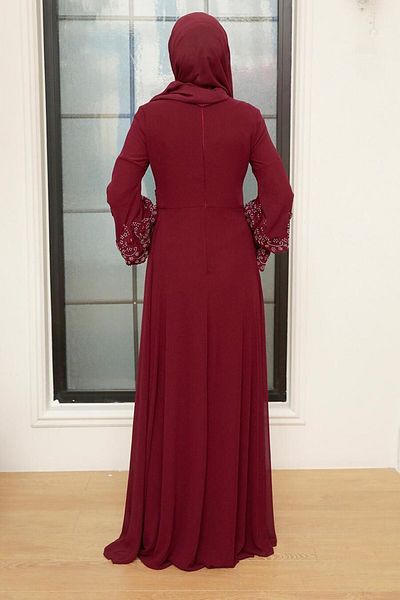 Neva Style Rochie de seara musulmana burgundy brodata cu margele 9181br
