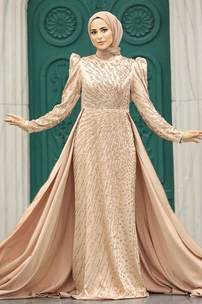 Neva Style Hijab Evening Dress - Gold Hijab Satin Evening Dress with Tail 23310Gold