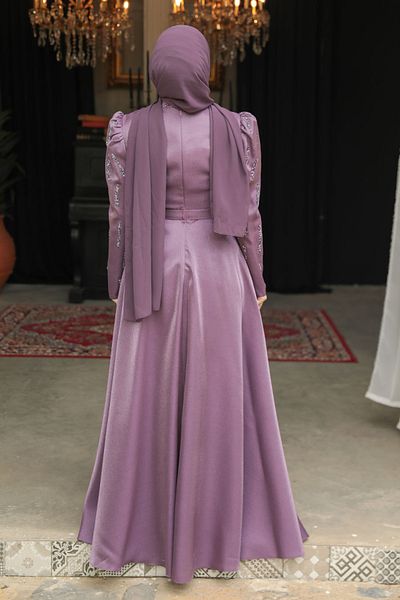 Neva Style Rochie de seară hijab liliac închis brodat cu margele 51891klıla
