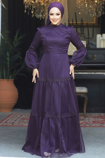 Neva Style Lace Detailed Purple Hijab Evening Dress 2335Purple