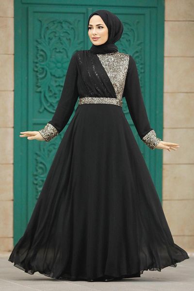 Neva Style Rochie de seara cu hijab - Rochie de seara hijab aurie brodata cu paiete 5793aur
