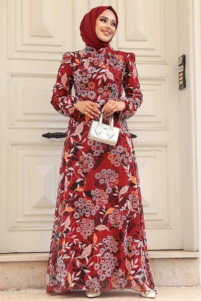 Neva Style - Rochie Hijab Rosie Claret cu Motiv Floral 27950br