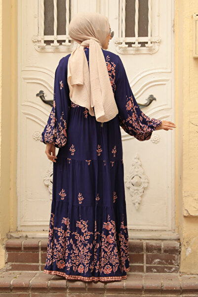 Neva Style Navy Blue Hijab Dress - Floral Pattern, Model 10300L