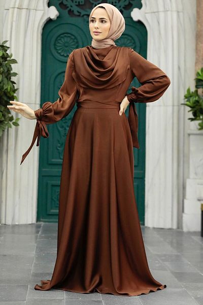 Neva Style Brown Satin Hijab Evening Dress 38031Kh