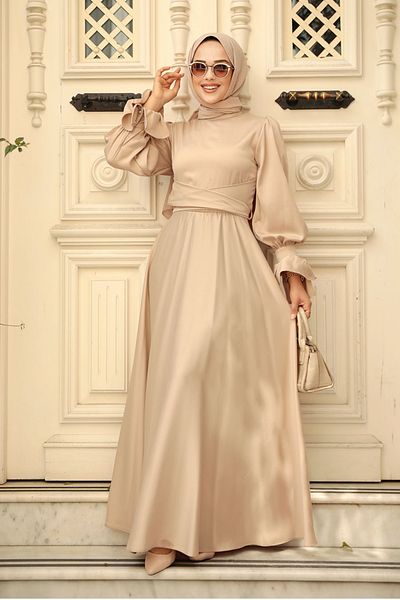 Neva Style Beige Hijab Satin Evening Dress 5983Beige