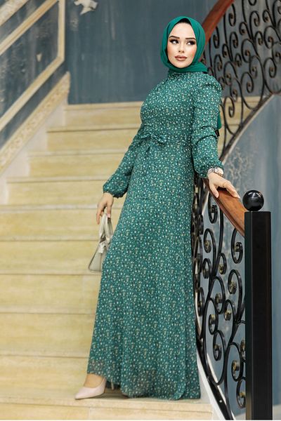 Neva Style Floral Patterned Green Hijab Dress 279311 Cy